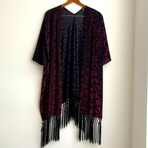 ASTR The Label Black Maroon Velvet Fringe Boho Poncho Shrug